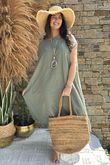 Made in Italy Sa Caleta Cotton Cap Sleeve Pocket Midaxi Dress Khaki